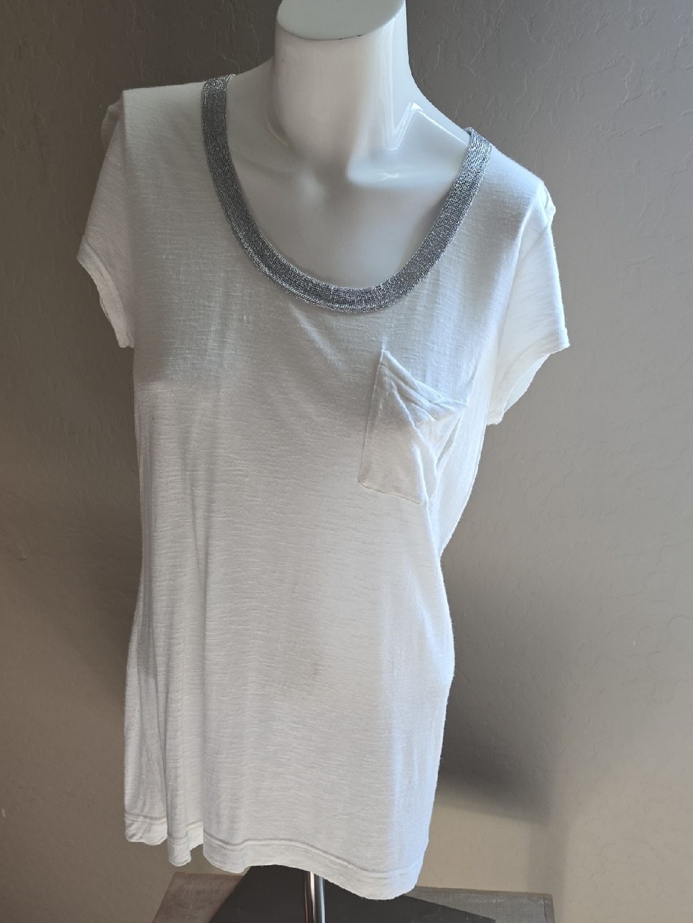 Calvin Klein White Short-Sleeve Pocket Tee with Silver-Trim Neckline